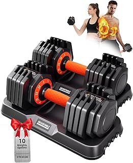 2026 Upgrade Adjustable Dumbbell Set 25lb/50lb, Small Increment in 3-6lb, 1 Hand Quick-Dial, 10-in-1 Adjustable Dumbbells with Tray, Anti-Slip Grip for Home Gym HIIT Strength Training