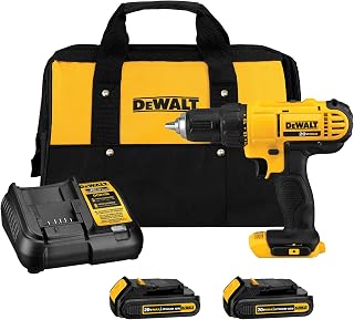 DEWALT 20V Max Cordless Drill Driver Set, 2 Speed, High Performance Motor, Includes 2 XR 1.3Ah Li-Ion Batteries, Charger and Contractor Bag (DCD771C2)