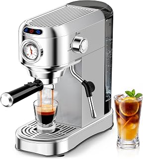 Espresso Machine 20 Bar, Compact Espresso Coffee Machine with Milk Frother, Stainless Steel Coffee Maker with 34oz Removable Water Tank, Cappuccino Machine for Home, Office, Latte (Silver)