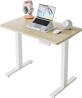 HUANUO 32x19 Inch Small Electric Standing Desk, Adjustable, Light Walnut | 176 Lbs Capacity, Rounded Corners, Wheel-Ready Feet, Compact Desktop, Apartment Workspace, 28.3-46.5 Inch Height Range