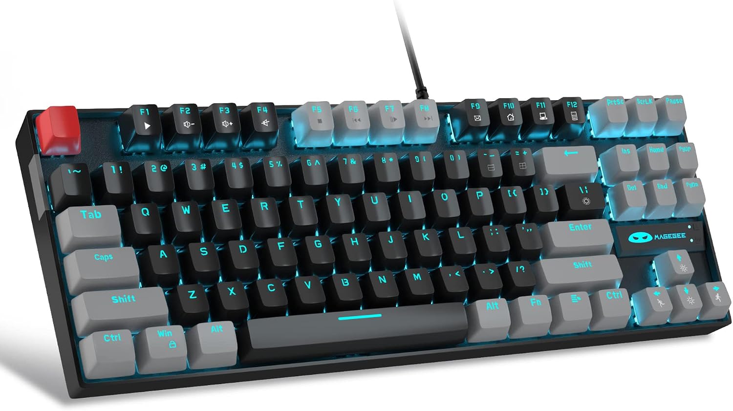 MageGee 75% Mechanical Gaming Keyboard, Red Switch, LED Blue Backlit, 87 Keys Compact TKL Wired Computer Keyboards for Windows Laptop PC Gamer - Black/Grey