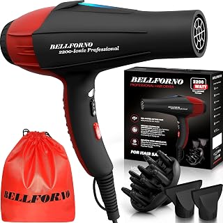 Professional Ionic Salon Hair Dryer, 2200 Watt Powerful AC Motor Ceramic Tourmaline Ion Blow Dryer, Quiet Hair Dryers with Diffuser and 2 Concentrator Nozzle Attachments Black/Red