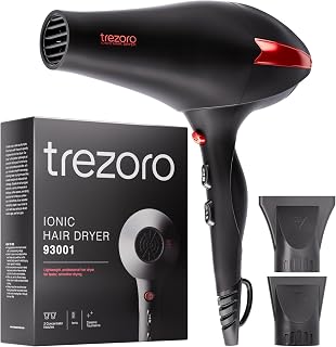 TREZORO Professional Hair Dryer, Ionic Ceramic Tourmaline Technology, 2000W Fast Quiet Drying, with Narrow and Wide Concentrator Nozzles, 3 Heat and 2 Speed Settings, Cool Shot Button, Black